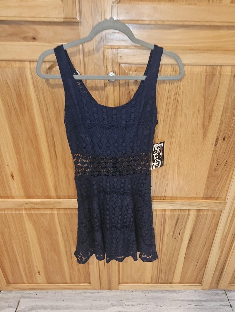 Trixxi Navy Crochet Lace Mini Dress with Sheer Waistband